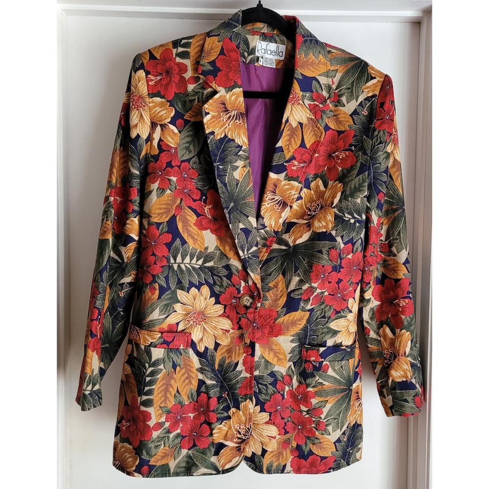 Rafaella Blazer Size 14 Floral Linen Cotton Long Sleeve Jacket Coat Vintage